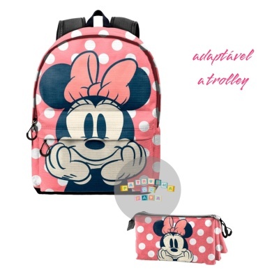 Mochila e estojo da Minnie rosa com bolinhas brancas e laço rosa
