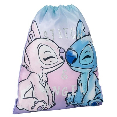 Saco colorido com personagens Stitch e Angel e texto estampado