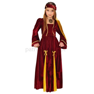 Vestido comprido de criança em veludo bordô com detalhes amarelos