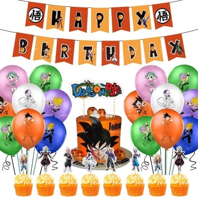 Decoração de festa Dragon Ball com balões coloridos, bolo e bandeirolas Happy Birthday
