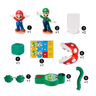 Conjunto de brinquedos Super Mario com figuras, blocos, planta carnívora e tabuleiro de jogo verde
