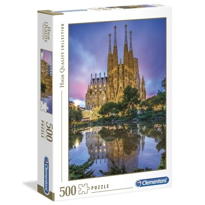 Caixa de puzzle Clementoni 500 peças com imagem de catedral iluminada e refletida na água ao entardecer