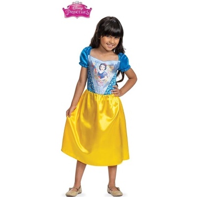 Menina a usar vestido infantil da Branca de Neve em azul e amarelo