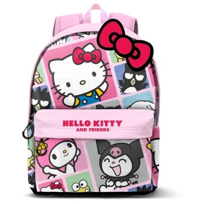 mochila infantil rosa com personagens Hello Kitty e texto HELLO KITTY AND FRIENDS
