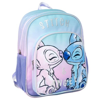 Mochila holográfica com personagens Stitch e Angel da Disney em tons pastel
