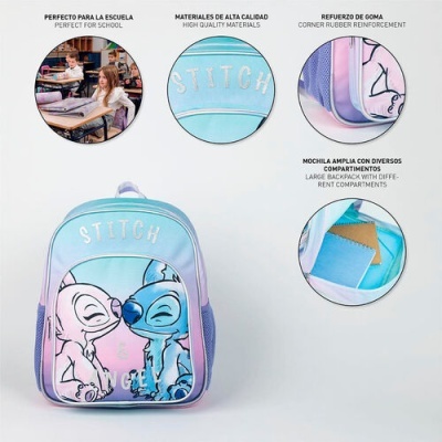 Mochila azul e roxa com estampa dos personagens Stitch e Angel da Disney com texto explicativo ao redor