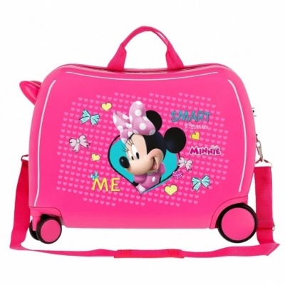 Mala de viagem infantil cor-de-rosa com desenho da Minnie Mouse e texto colorido.