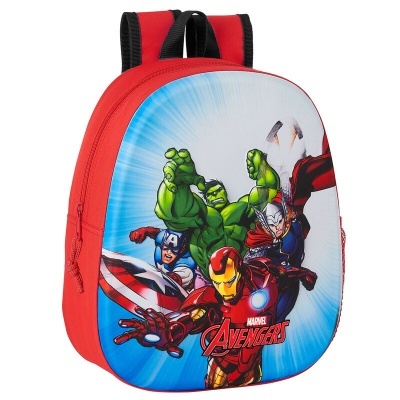 Mochila infantil Marvel Avengers com imagem dos super-heróis em azul e vermelho