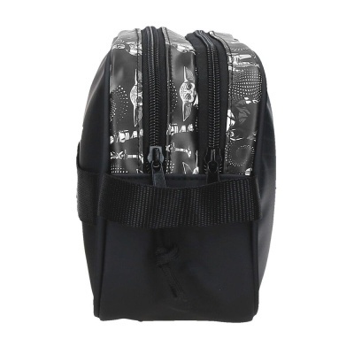 Estojo duplo preto com padrão branco de personagens e fechos de correr