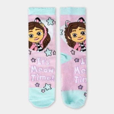 Meias cor-de-rosa e azul claro com estampa de personagem e texto 'It's Meow Time!'