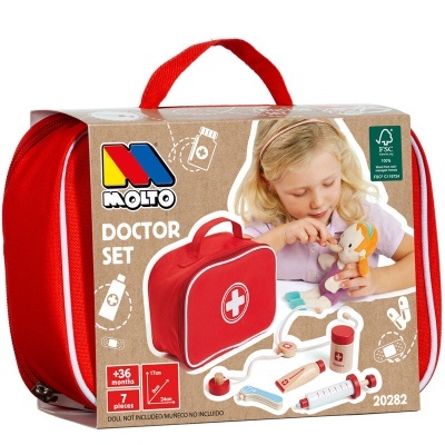 Conjunto médico infantil Molto com bolsa vermelha e acessórios médicos de plástico.