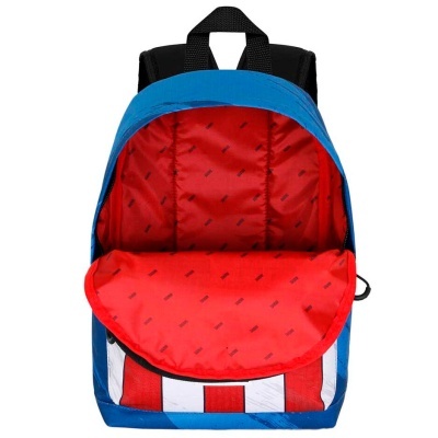 Mochila azul com interior vermelho e padrão frontal de riscas vermelhas e brancas