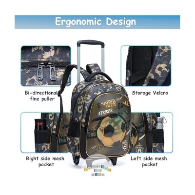 Mala escolar de rodas com padrão de futebol escuro e detalhes dourados