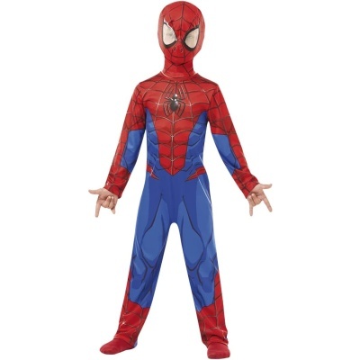 Criança com fato de Homem-Aranha vermelho e azul com máscara
