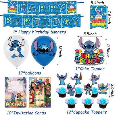 Conjunto de festa de aniversário Stitch com faixa, balões, topper de bolo, convites e toppers para cupcakes coloridos.