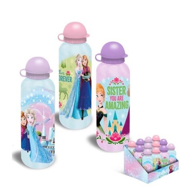 Garrafa de água infantil Frozen com tampas rosa e lilás e design das personagens Elsa e Anna