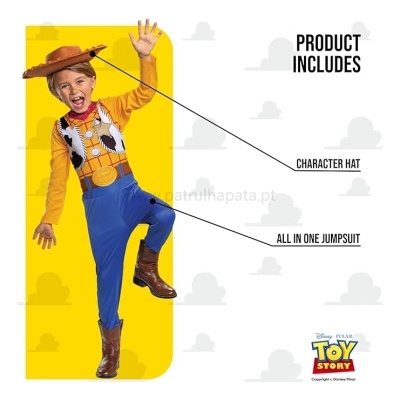Criança vestida de Woody de Toy Story com chapéu e fato completo.