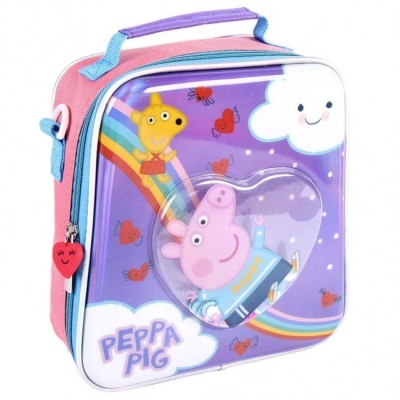 Mala Peppa Pig com personagens coloridos e arco-íris