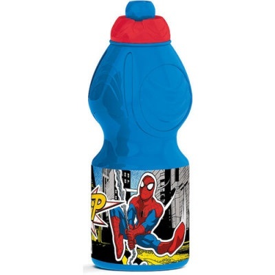 Garrafa de plástico azul com tampa vermelha decorada com Spider-Man.