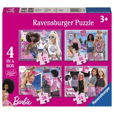 Caixa de puzzles Ravensburger Barbie com quatro puzzles para crianças, imagens de bonecas Barbie em fundo rosa