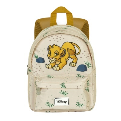 Mochila infantil bege com padrão de folhas, imagem do Simba e etiqueta Disney