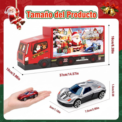 Caixa em forma de camião vermelho com tema Natal e carrinhos de metal em miniatura