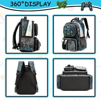 Mochila preta com padrão de videojogos azul e verde, vista de vários ângulos