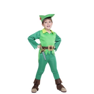 Fato infantil de Peter Pan verde com cinto castanho e chapéu