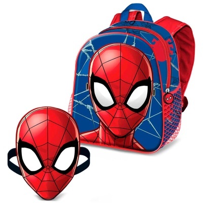 Mochila e máscara vermelha e azul do Homem-Aranha com rosto e teias desenhadas