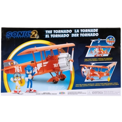 Brinquedo Sonic 2 avião biplano vermelho com bonecos e texto multilíngue na caixa