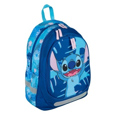 Mochila azul infantil com personagem Stitch da Disney e padrão floral