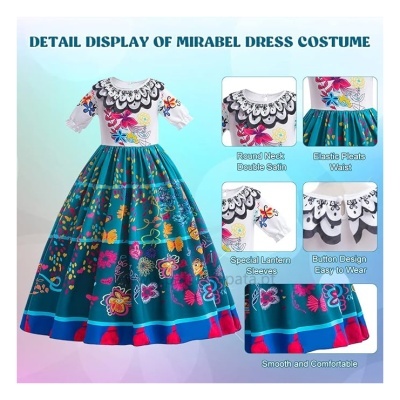 Vestido colorido com padrão floral, gola redonda, mangas lanterna, cintura com pregas elásticas, design de botões e textura confortável.