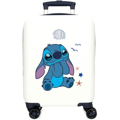 Mala de cabine branca com personagem Stitch azul e pequenos desenhos coloridos