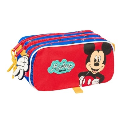 Necessaire vermelha e azul com personagem Mickey Mouse e texto Mickey mouse
