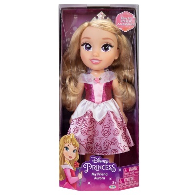 Boneca Disney Princess Aurora vestida com vestido rosa e tiara em caixa