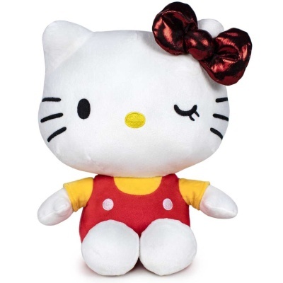 Pelúcia da personagem Hello Kitty com laço vermelho e roupas coloridas