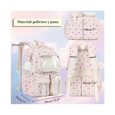 Mochila rosa com padrão floral e bolsos transparentes vista de três ângulos