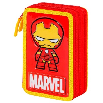 Estojo escolar triplo vermelho e amarelo com personagem Iron Man e logo MARVEL
