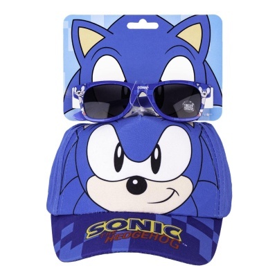 Conjunto chapéu e óculos de sol Sonic azul com texto SONIC HEDGEHOG.