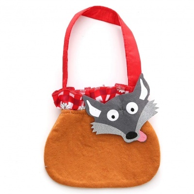 Bolsa castanha com alça vermelha e decoração de raposa cinzenta