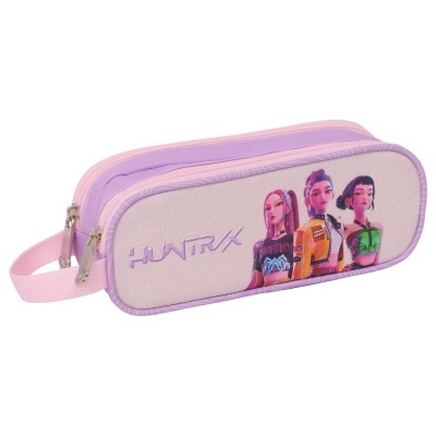 Estojo escolar retangular rosa e lilás com personagens e texto HUNTRX