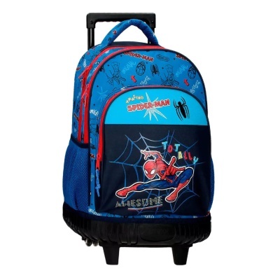 Mochila de rodas azul com tema Homem-Aranha, desenho grande e texto colorido