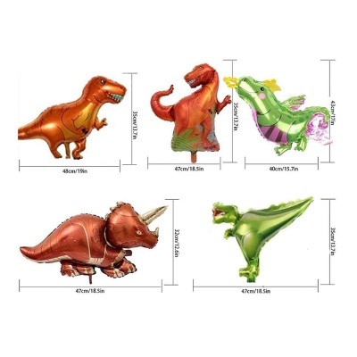 Baloes metalizados em formato de dinossauros com medidas indicadas.