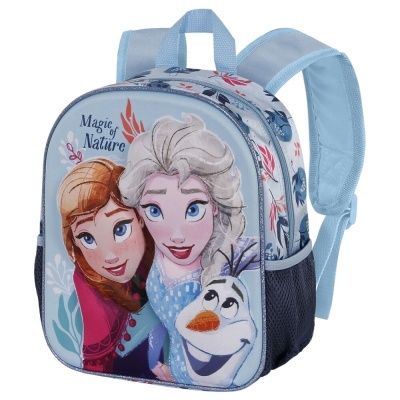 mochila infantil azul claro com personagens do Frozen e texto Magic of Nature