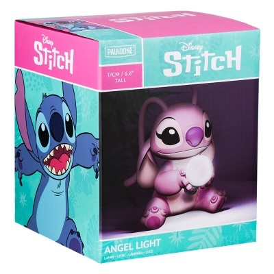 Embalagem colorida com figura da personagem Angel da Disney Stitch segurando uma luz branca.