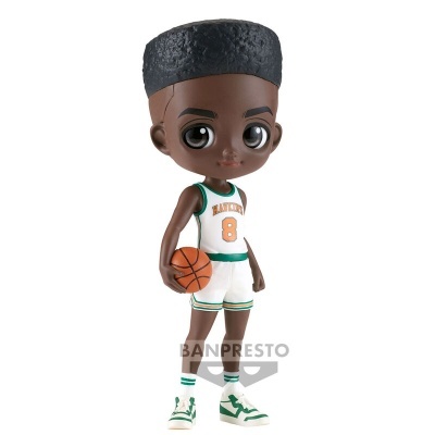 Boneco colecionável de jogador de basquetebol com uniforme branco e bola de basquete