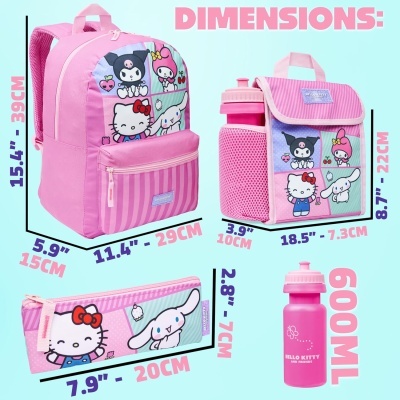 Conjunto cor-de-rosa de mochila, lancheira, estojo e garrafa com personagens Hello Kitty e amigos