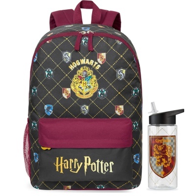 Mochila e garrafa temática Harry Potter com brasões coloridos e detalhes em vinho e amarelo