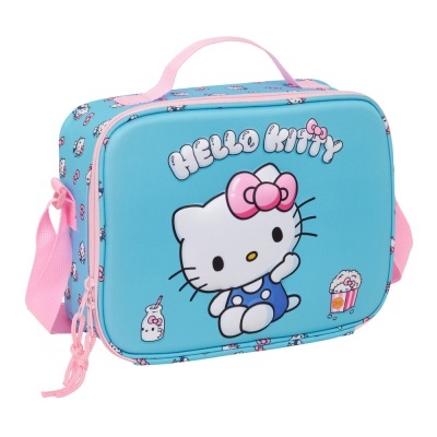 Mala térmica azul Hello Kitty com alça rosa e fecho rosa