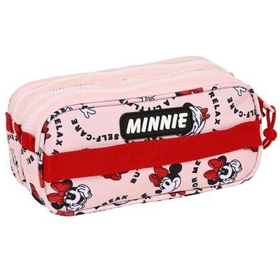 Estojo escolar rosa com estampas da Minnie e fechos de correr brancos